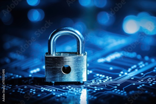A shiny silver padlock secure placed on a computer board with bluish blurry background. Encrypted computer. Cyber security. Encryption. Data recovery. Locked PC. Hacker. Operating system. Password