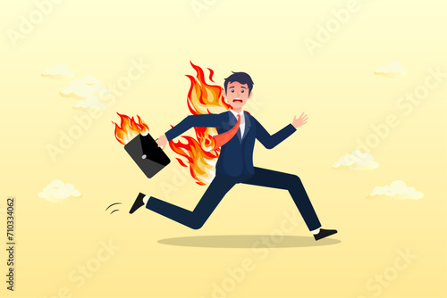 Overworked businessman running on fire, business deadline, rush hour situation or in hurry to complete work (Vector)