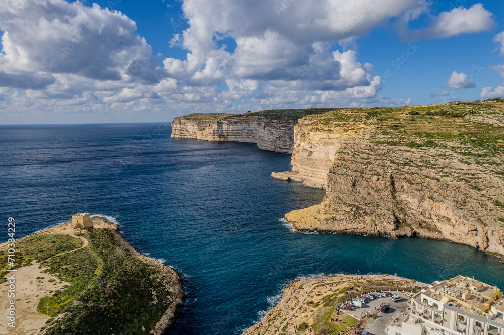 Aerial drone beautiful sunny view of Xlendi Bay, Gozo Island, Malta