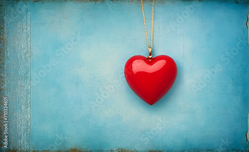 A red heart, vintage blue background. Generative AI