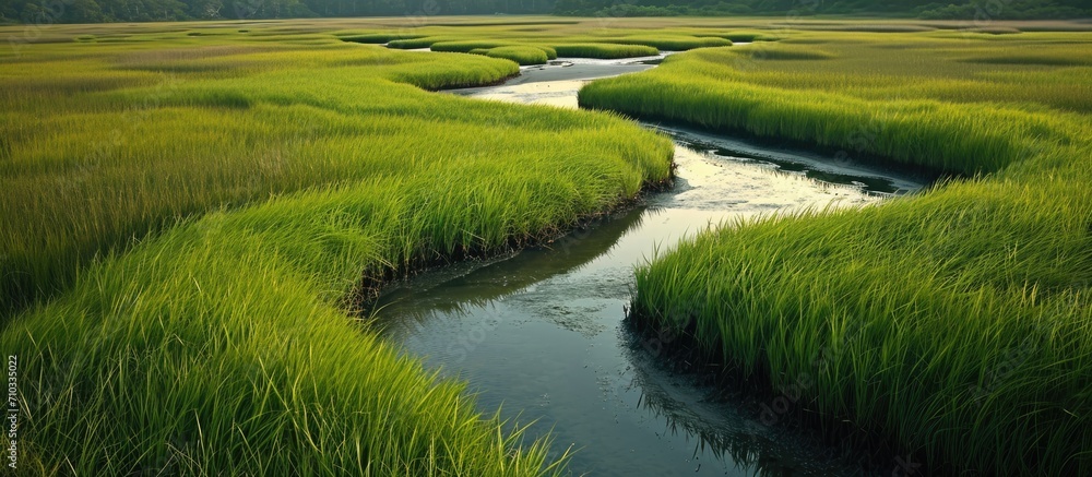 Meandering channels flow through a salt marsh in Pleasant Bay, Cape Cod, Massachusetts. Marshes are wetlands that provide habitats for fish, invertebrates, and various bird species.