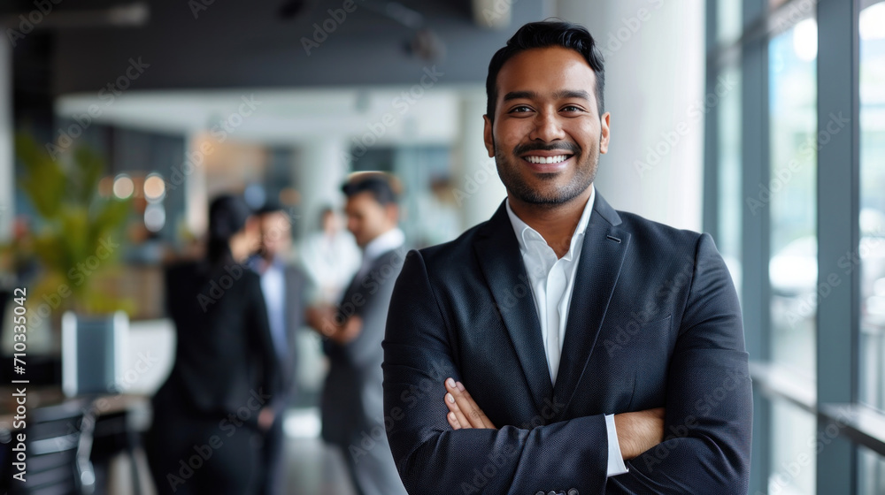 Portrait of a handsome smiling asian indian businessman boss standing in his modern business company office. Portrait of a handsome smiling asian indian businessman boss standing in his modern business company office.