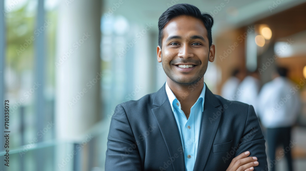 Portrait of a handsome smiling asian indian businessman boss standing in his modern business company office. Portrait of a handsome smiling asian indian businessman boss standing in his modern business company office.