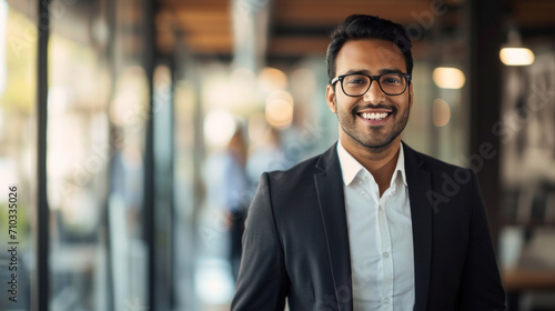 Portrait of a handsome smiling asian indian businessman boss standing in his modern business company office.