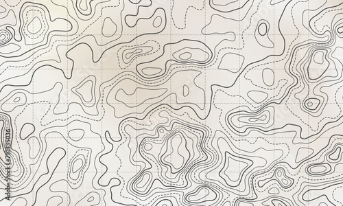 Ocean bottom topographic line map curvy wave isolines vector illustration. Sea depth topographic landscape surface for nautical radar readings. Cartography texture abstract banner relief ocean floor.