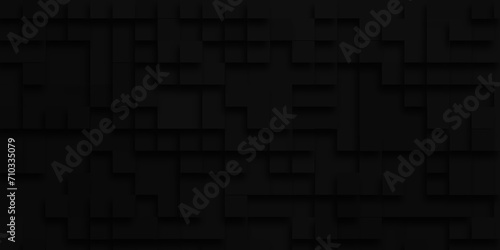 Embossed geometric square black pattern with geometric randomized shapes, Black square abstract background with pattern, Random scaled black cube boxes block background of black surface for cover. photo