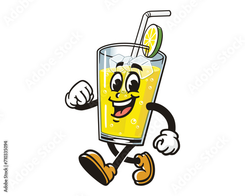 walking Glass of lemonade Lemon drink cartoon mascot illustration character vector clip art hand drawn