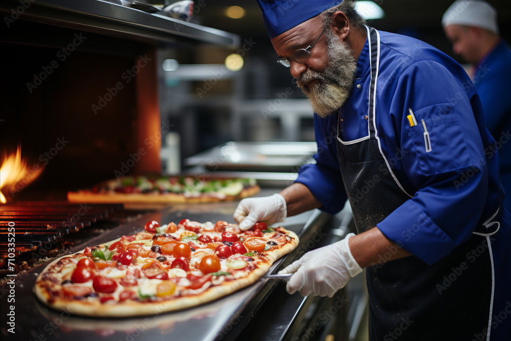 A chef in a traditional uniform is seen crafting a mouthwatering pizza in a busy restaurant kitchen.
