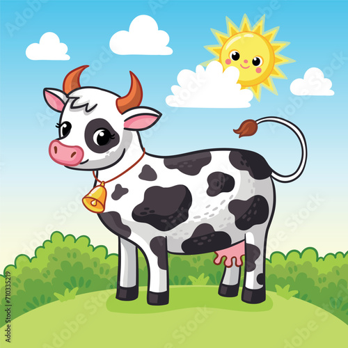 Cow is standing on a green summer meadow and the sun is peeking. Farm animal. Vector illustration in cartoon style on the theme of farm and agriculture.