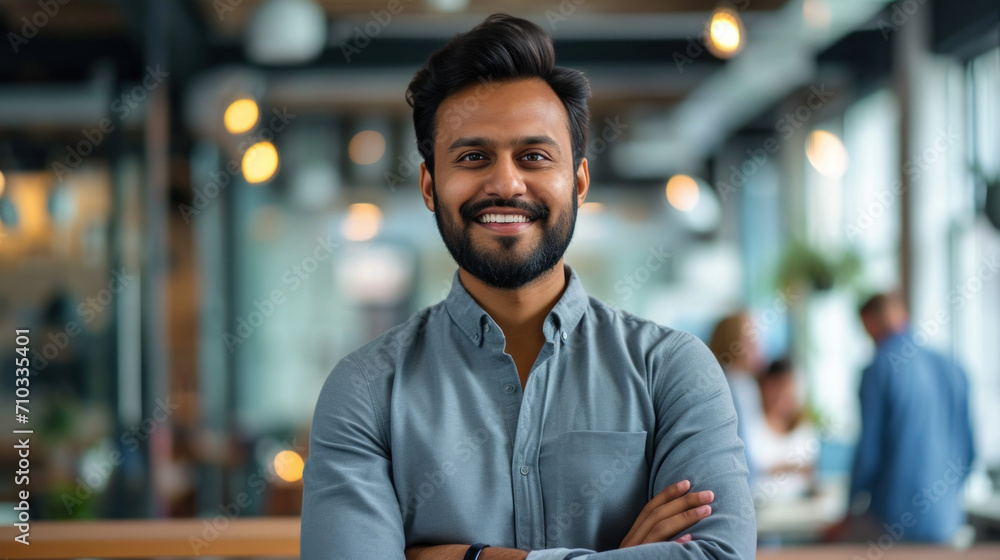 Fototapeta premium Portrait of a handsome smiling asian indian businessman boss standing in his modern business company office.