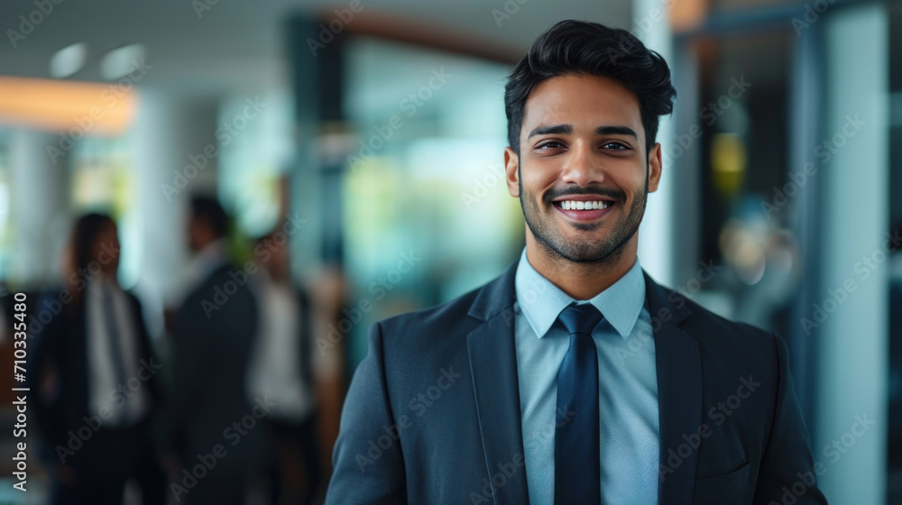 Portrait of a handsome smiling asian indian businessman boss standing in his modern business company office. Portrait of a handsome smiling asian indian businessman boss standing in his modern business company office.