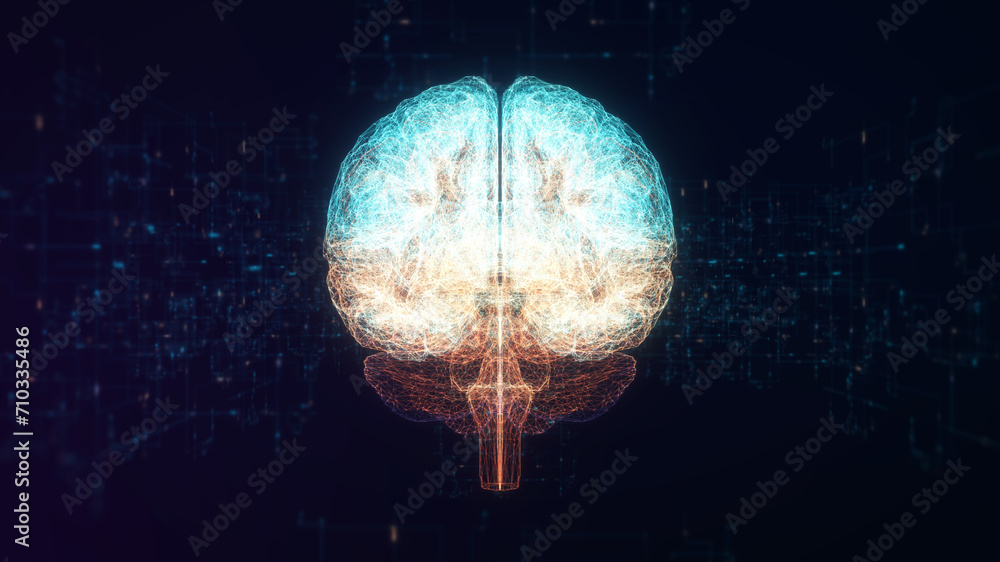 Artificial intelligence concept. a stunning 3D illustration of a brain illuminated with digital networks on dark blue background , symbolizing artificial intelligence and neural connections.