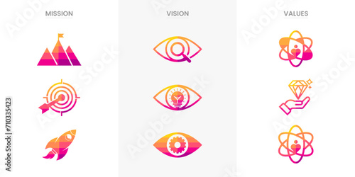 Mission vision values infographic banner icon set company goal infographic design vector. Infographic icon design banner