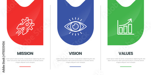 Mission, Vision and Values of company with text. Company infographic Banner template. Modern flat icon design. Abstract icon. Purpose business concept. Mission symbol illustration. Abstract eye.