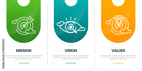 Mission, Vision and Values of company with text. Company infographic Banner template. Modern flat icon design. Abstract icon. Purpose business concept. Mission symbol illustration.