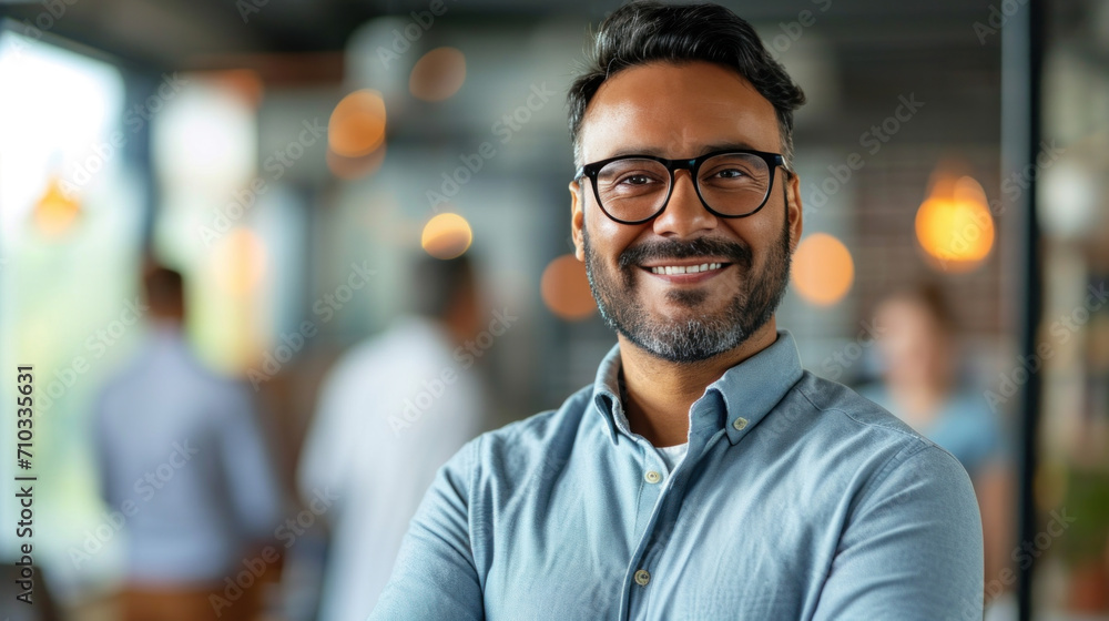 Portrait of a handsome smiling asian indian businessman boss standing in his modern business company office. Portrait of a handsome smiling asian indian businessman boss standing in his modern business company office.