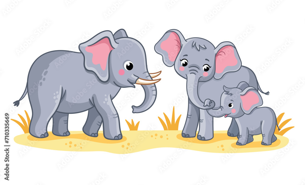 Cute elephant family on a white background. Vector illustration with cute. A baby elephant stands with its parents.