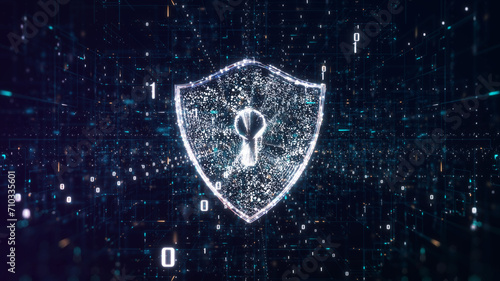 cybersecurity concept. A glowing digital shield with a keyhole, symbolizing cybersecurity, amidst binary code in a dark blue, matrix-like setting.
