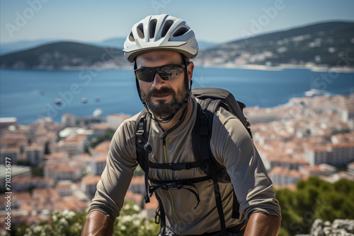 Man in bike helmet and sunglasses admiring the stunning sea and mountain landscapes