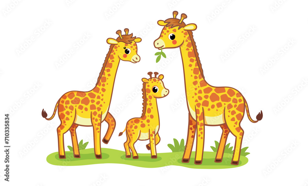 Obraz premium Cute family of giraffes stands on a green meadow on a white background. Cute African animals in cartoon style. A baby Giraffe stands with its parents.