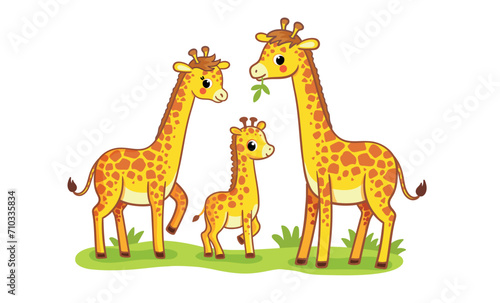 Cute family of giraffes stands on a green meadow on a white background. Cute African animals in cartoon style. A baby Giraffe stands with its parents.