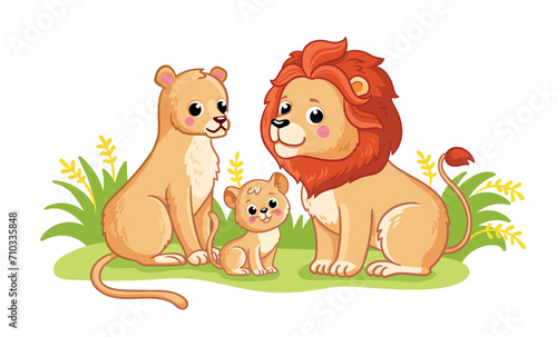 Cute family of lions stands on a green meadow on a white background. Cute African animals in cartoon style. A lion cub with his mom and dad.