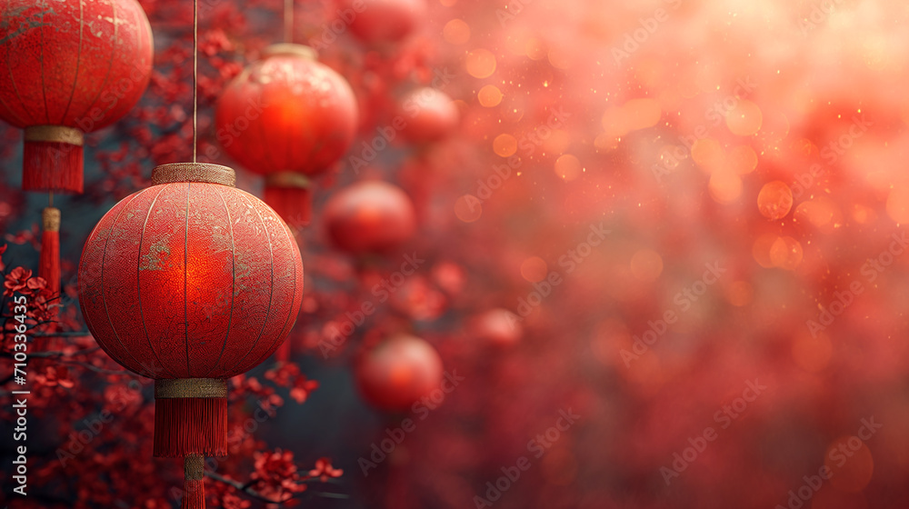 Fototapeta premium Several lanterns hanging from a cherry blossom tree with red flowers. Background image for Chinese New Year celebrations.