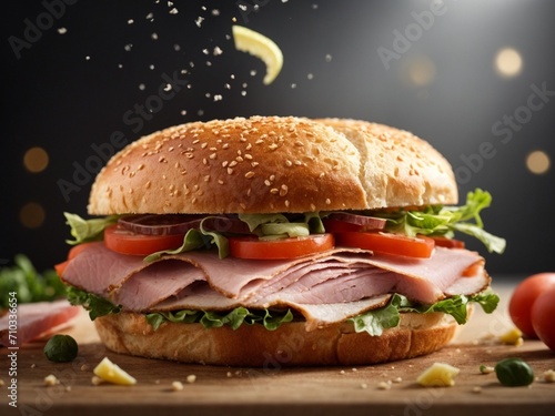 Ham burger and sandwich in studio lighting and background, cinematic fast food photography 