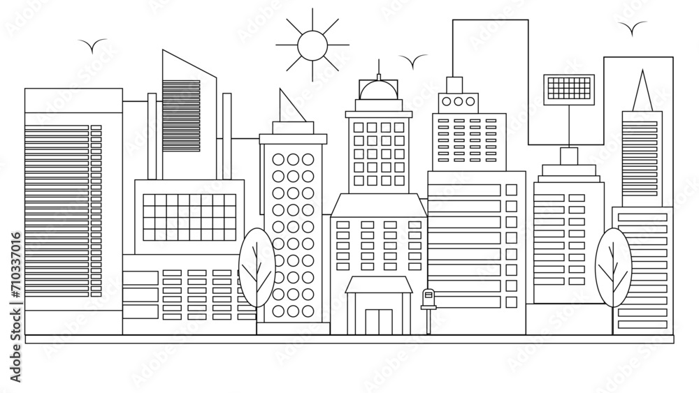 Black and white vector outline landmarks skyline with buildings city background. Vector line art outline cityscape concept