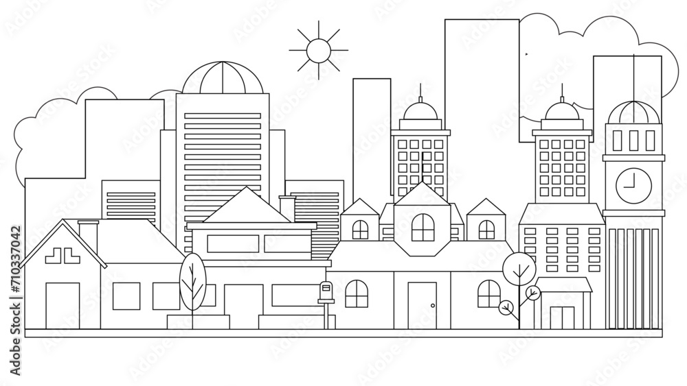 Black and white vector outline cityscape on white background, modern city skyline, city silhouette, vector illustration in flat design. Vector line art outline cityscape concept