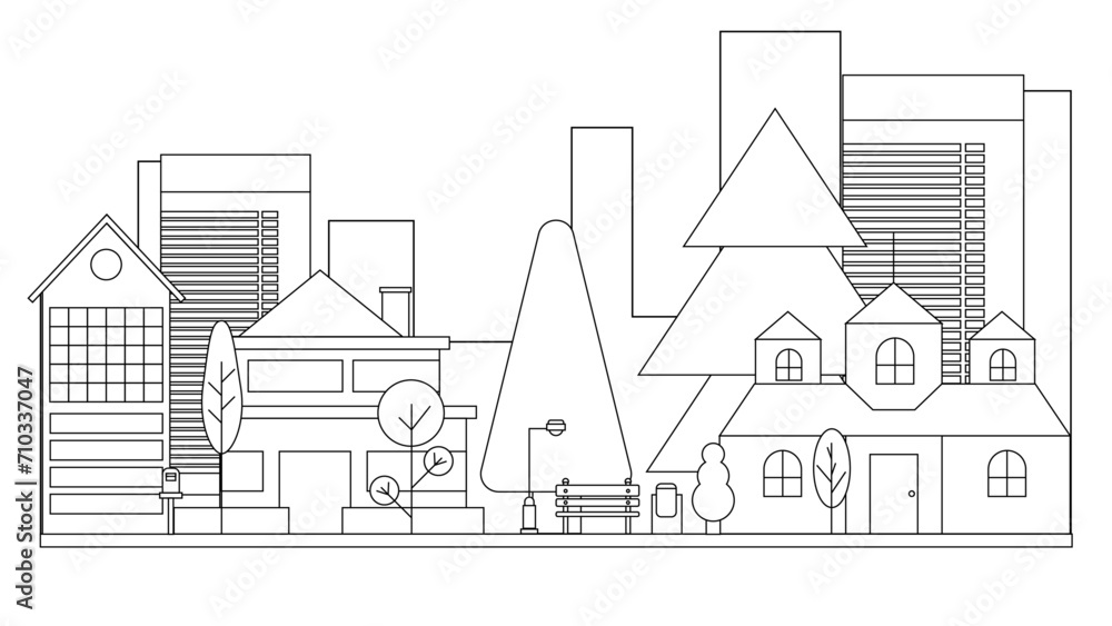 Obraz premium Black and white vector building modern city black background. Vector line art outline cityscape concept