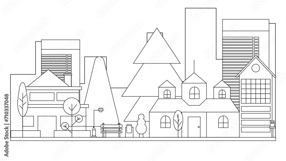 Black and white vector city building line art vector icon design illustration template background. Vector line art outline cityscape concept Black and white vector city building line art vector icon design illustration template background. Vector line art outline cityscape concept