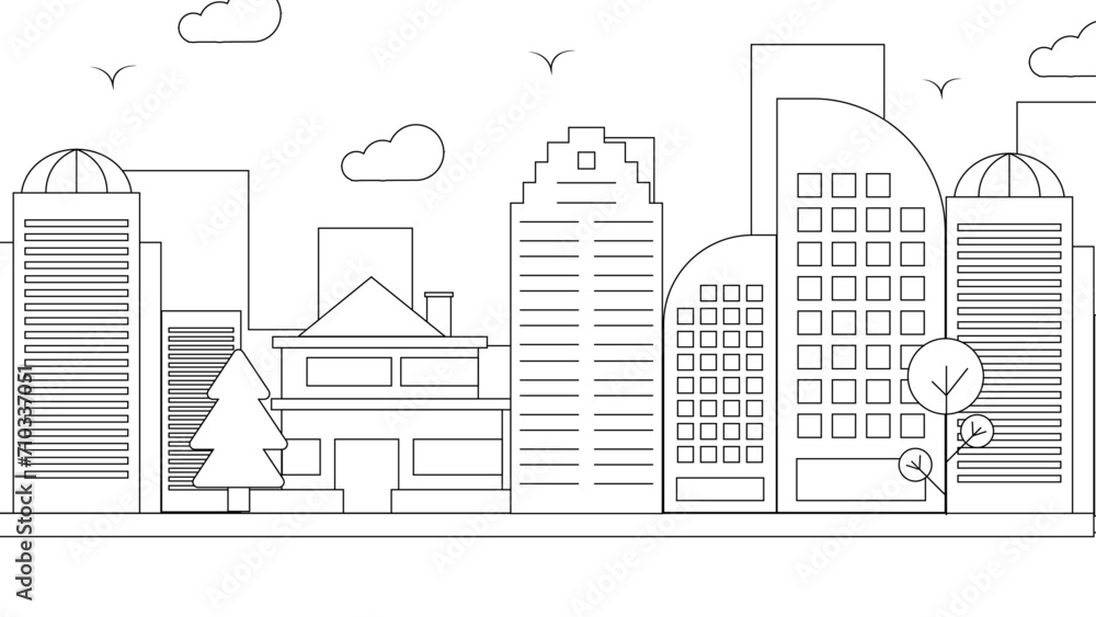 Black and white vector building modern city black background. Vector line art outline cityscape concept