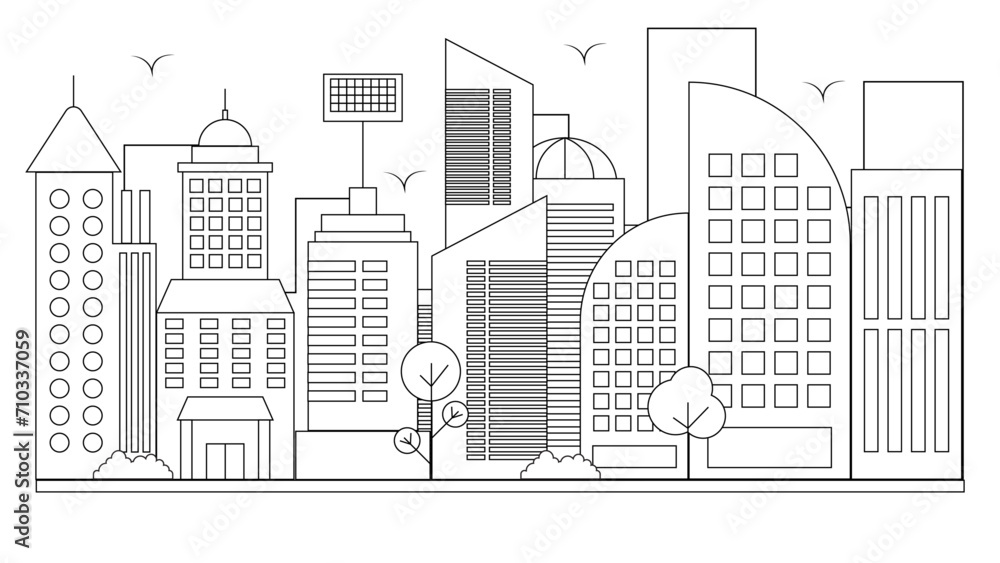Black and white vector modern city landscape buildings and architecture real estate silhouette vector background. Vector line art outline cityscape concept