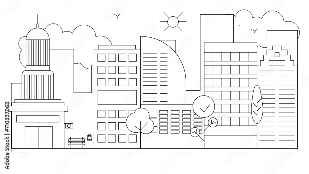 Black and white vector city line with building in outline style background. Vector line art outline cityscape concept