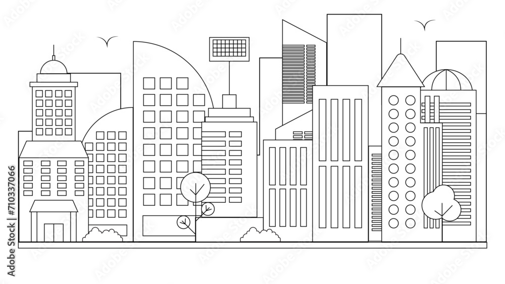 Black and white city building line art vector icon design illustration template background. Vector line art outline cityscape concept