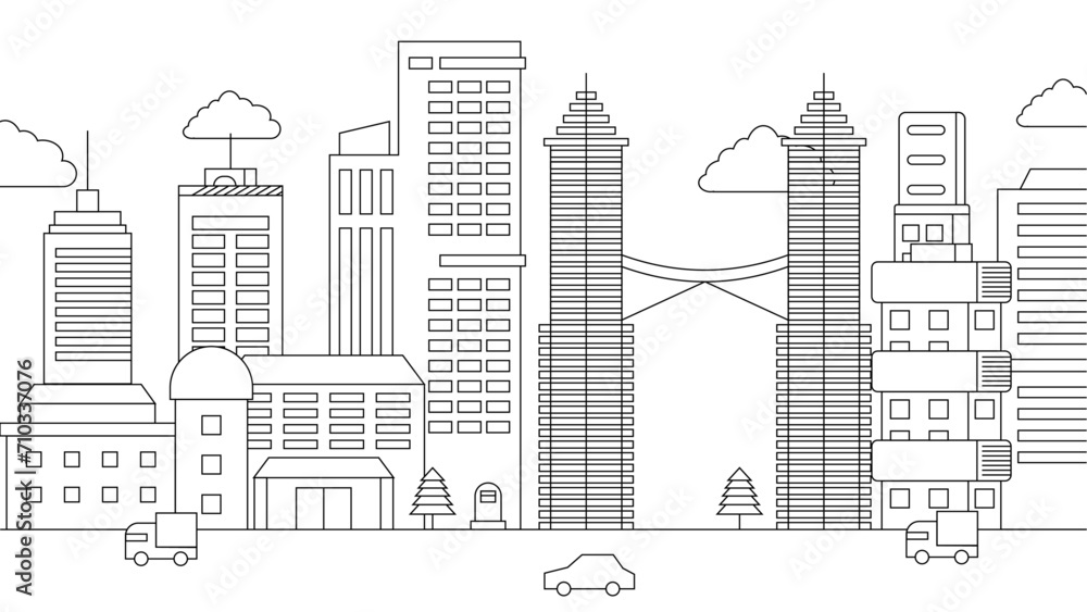 Black and white vector outline building landmarks skyline concept background