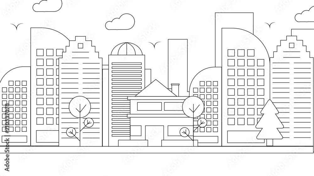 Black and white vector outline building landmarks skyline concept background. Vector line art outline cityscape concept