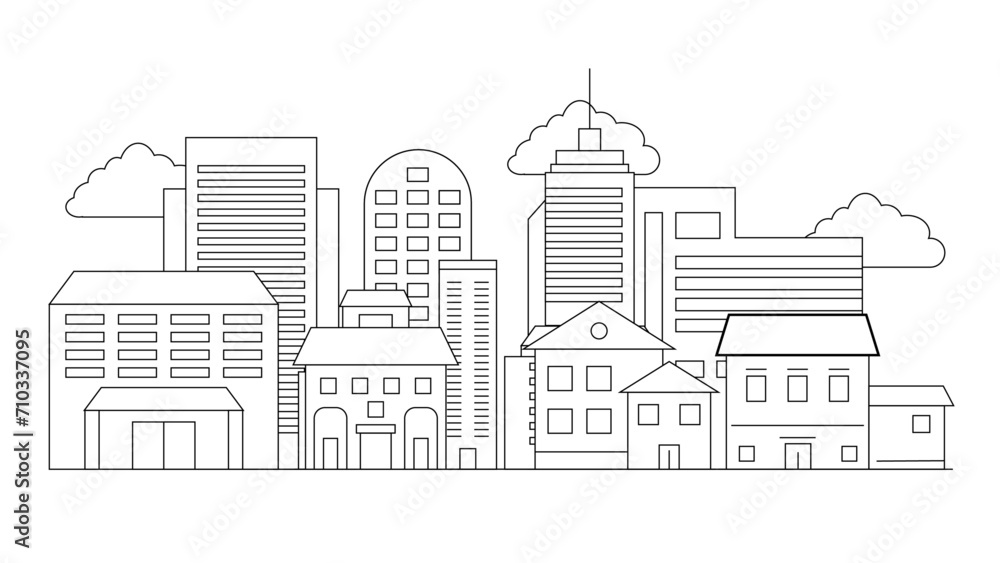 Naklejka premium Black and white vector modern city landscape buildings and architecture real estate silhouette vector background City landscape line urban skyline with cloud, building, cityscape hand sketch, flat