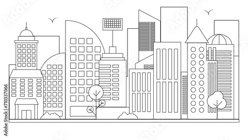 Black and white city building line art vector icon design illustration template background. Vector line art outline cityscape concept