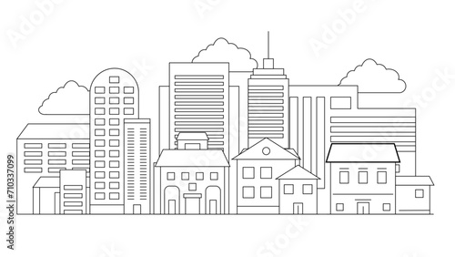 Black and white city building line art vector icon design illustration template background City landscape line urban skyline with cloud, building, cityscape hand sketch, flat houses