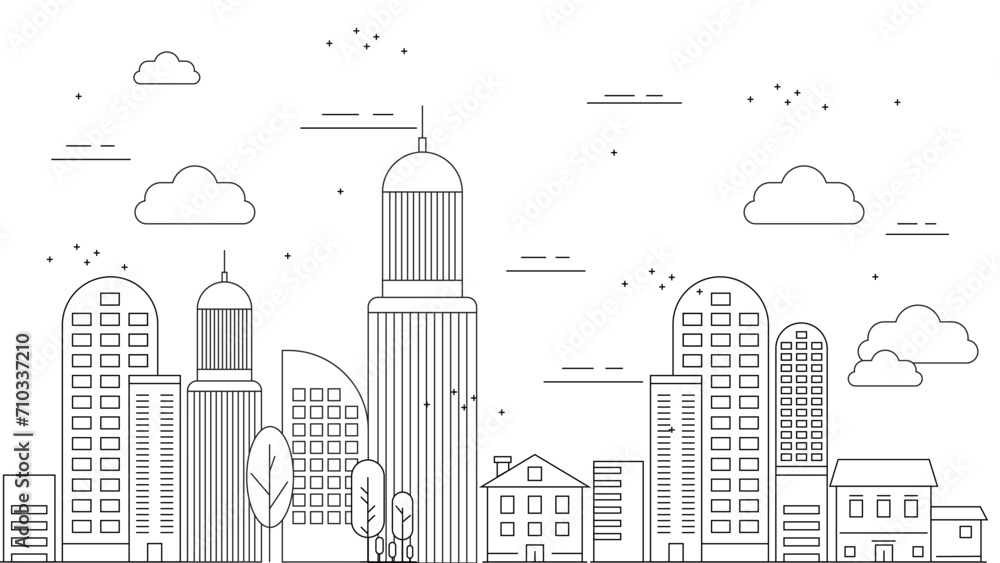 Naklejka premium Black and white vector building modern city black background