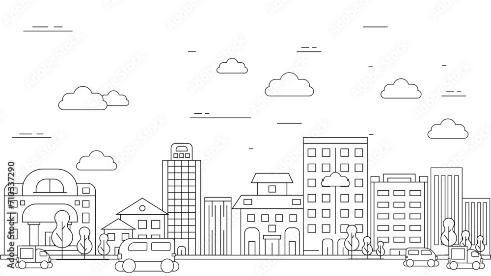 Obraz premium Black and white city building line art vector icon design illustration template background