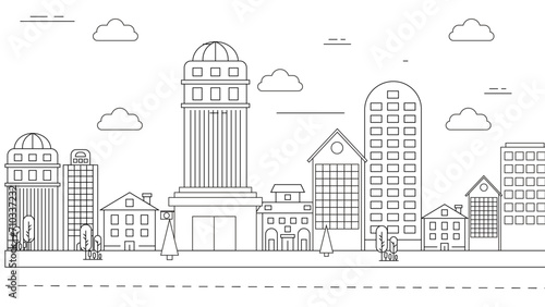 Black and white vector outline building landmarks skyline concept background