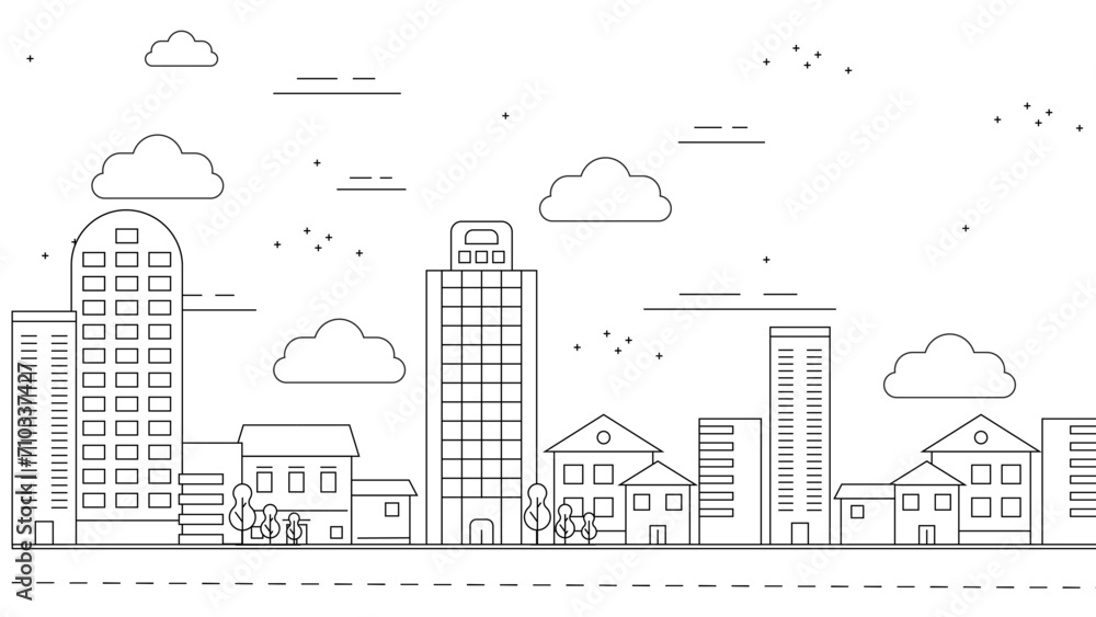 Obraz premium Black and white vector city building line art vector icon design illustration template background