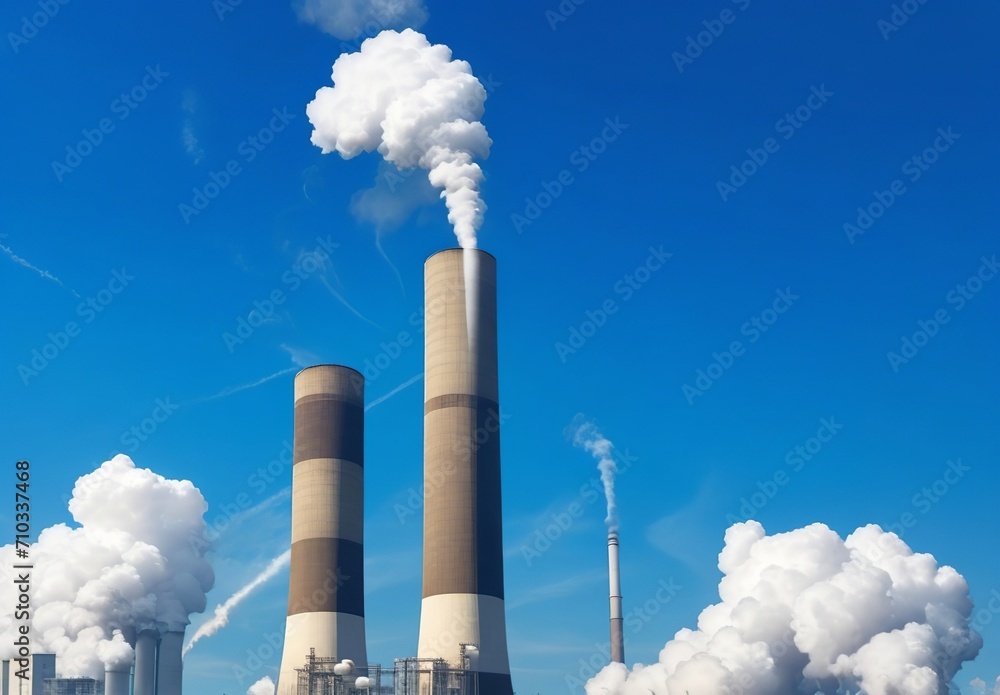 Power plant with smoking chimneys on a background of blue sky. Power plant with smoking chimneys on a background of blue sky.