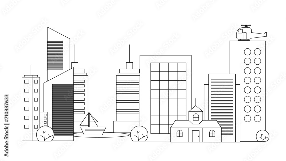 Fototapeta premium Black and white vector city line with building in outline style background