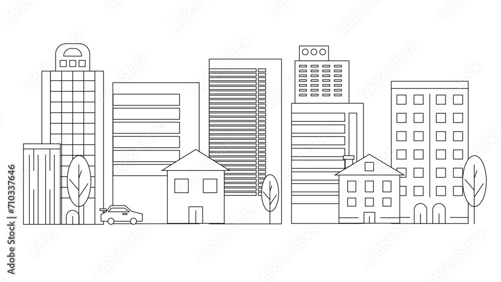Black and white city building line art vector icon design illustration template background