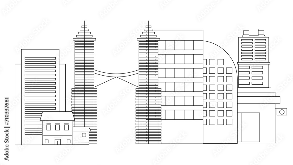 Black and white vector building modern city black background