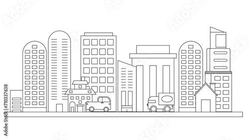 Black and white vector outline cityscape on white background  modern city skyline  city silhouette  vector illustration in flat design